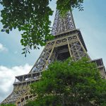 Blick von unten auf den Eiffelturm in Paris